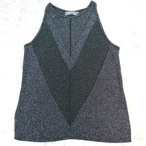 Anthropologie Metallic Knit Halter Neck Tank Top Sparkly Black Silver Small Sexy